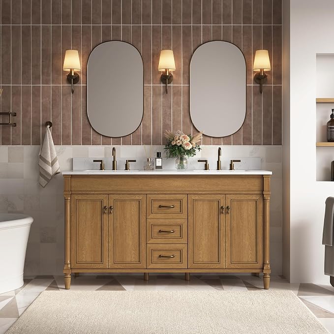 60 Inch Bathroom Vanity with Sink Combo, Classic Cabinet with Countertop & Backsplash, Solid Wood with Soft Closing Doors & Dovetail Drawers, Ceramic Sink, Light Walnut