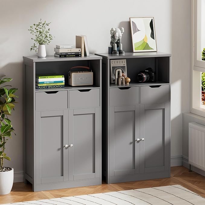 Vongrasig Bathroom Storage Cabinet, 42.5" H Freestanding Floor Cabinet | Wooden Modern Cabinet with 2 Drawers, Open Shelf and Adjustable Shelf for Bathroom, Laundry Room and Entryway, Grey
