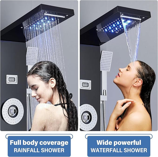 AlenArt Shower Panel Tower System Rainfall Waterfall Shower Head with Body Jets Stainless Steel Rain Massage System 5-Function High Pressure Shower Panel Tower System,HFT8029