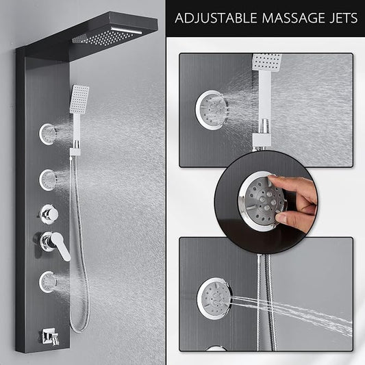 AlenArt Shower Panel Tower System, Multi Function Shower System with Body Jets, Handheld Sprayer, Rainfall Waterfall Shower Head and Tub Spout Stainless Steel Wall Mount Shower Panels Black