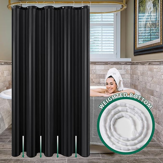 Biscaynebay Fabric Shower Curtain or Liner 72" by 72", Black Water Repellent Damask Stripes Bathroom Curtains Machine Washable