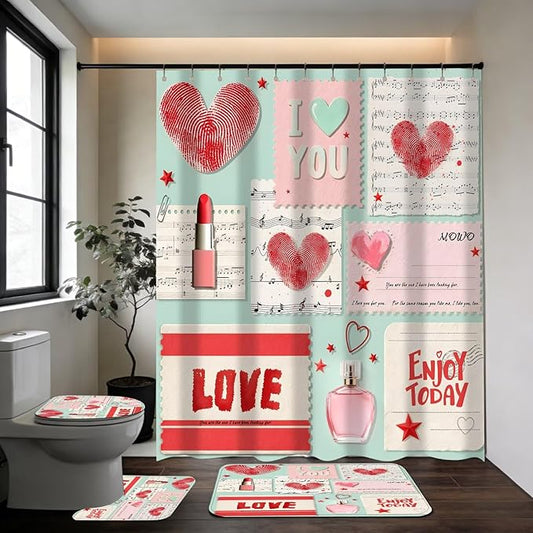 DDQQ 4Pcs Valentine's Day Shower Curtain Set Love Letter Post Office Bathroom Sets Modern Shower Curtain Set for Bathroom Sets with Rugs Red Love Shower Curtain with 12 Hooks