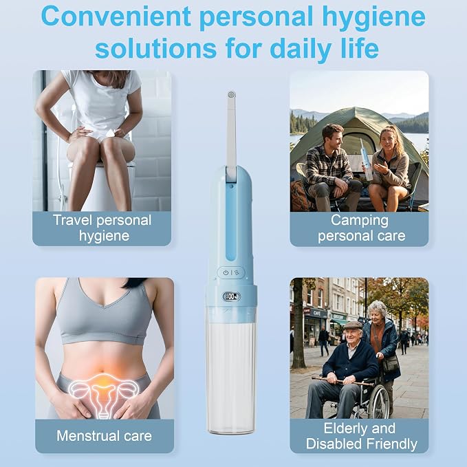 Electric Portable Bidet for Travel & Outdoor Camping, Sky Blue | Pocket size whisper-quiet handheld sprayer 3 pressure modes 1600mAh Long-lasting Battery USB-C Rechargable IPX7 Waterproof