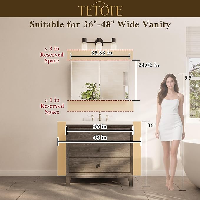 36 x 24 Medicine Cabinet with Mirror with Tempered Beveled Mirror Silver Medicine Cabinet Aluminum Cabinet DTC Hinges, Stepless Adjustable Shelves, Recessed/Surface-Mounted