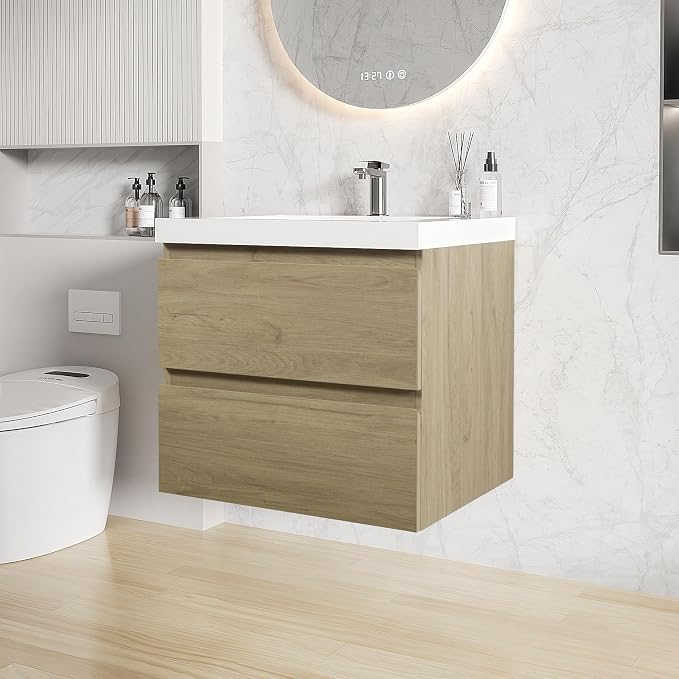 24 Inch Floating Bathroom Vanity with Sink, Large Storage Wall Mounted Floating Vanity with Soft Close Drawers, One-Piece Basin Bathroom Sink Cabinet (Natural Oak, 24")