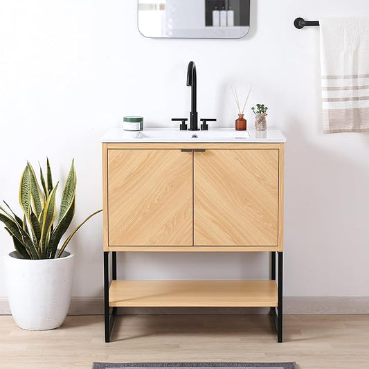 JONATHAN Y VAN1014A Juhl 30 in. W x 18 in. D x 33 in. H Chevron-Front Modern Minimalist 2-Shelf Bathroom Vanity Cabinet Only with Soft Closing Doors (Sink Basin Not Included), Oak