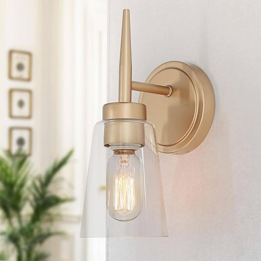 KSANA Gold Wall Sconce, 1-Light Bathroom Light Fixtures with Clear Glass Shade, Modern Sconce Light for Bathroom, Stairway, Living Room and Kitchen