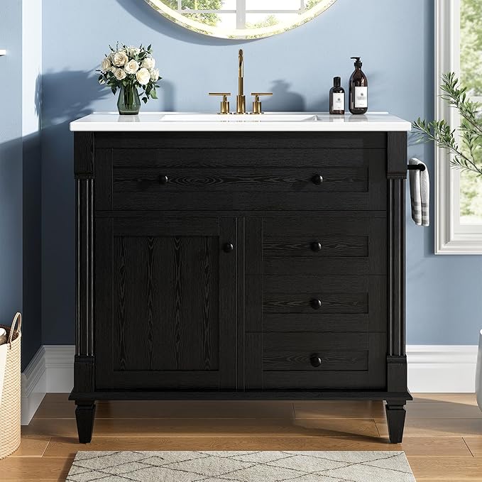 LIKIMIO 36 Inch Bathroom Vanity with Sink, Towel Holder & Adjustable Solid Wood Legs for Uneven Floor, Modern Bathroom Storage Cabinet with Tip-Out Drawer, 2 Drawers & Adjustable Shelf, Black