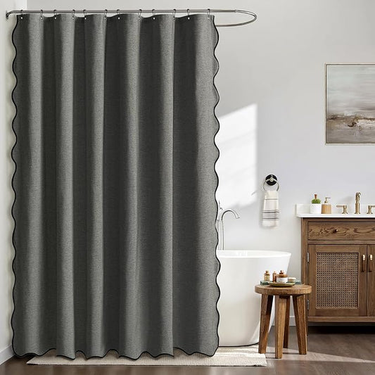 MIULEE 72"x84" Extra Long Scalloped Linen Shower Curtain Charcoal Grey | Linen Textured, Waterproof, Washable, 12 Metal Hooks, Heavy Duty Cloth, Black Border, Shower Curtain for Bathroom Bathtub
