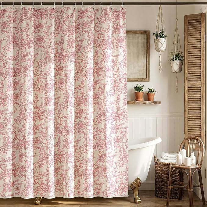 Farmhouse Pink Floral Shower Curtain with 12 Clear Rings 72"W x 72"L | Boho Fabric Faux Linen Shower Curtain Set, Vintage Cottagecore Shower Curtain for Bathroom