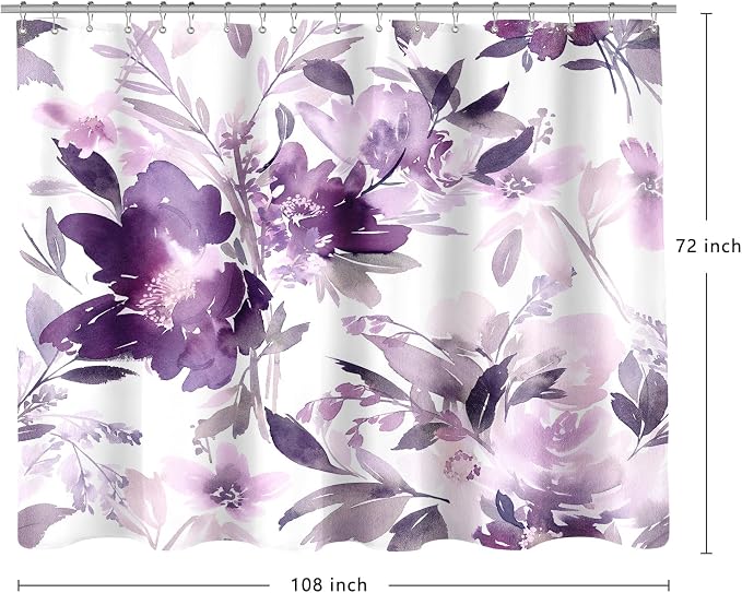 MAYZUS Extra Wide Flower Shower Curtain 108 x 72 for Claw Foot Tub, Purple | Lavender Modern Watercolor Floral 108 inch Long Shower Curtain Set with 18 Pack Plastic C-Hooks
