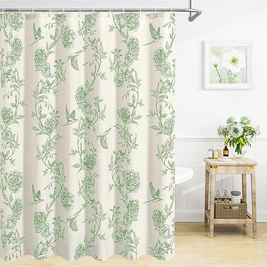 MitoVilla Green Farmhouse Shower Curtain Set, Cotton Floral Hummingbird Cottagecore Spring Shower Curtains for Bathroom, Modern Country Bathroom DΓ©cor, 72" W x 72" L