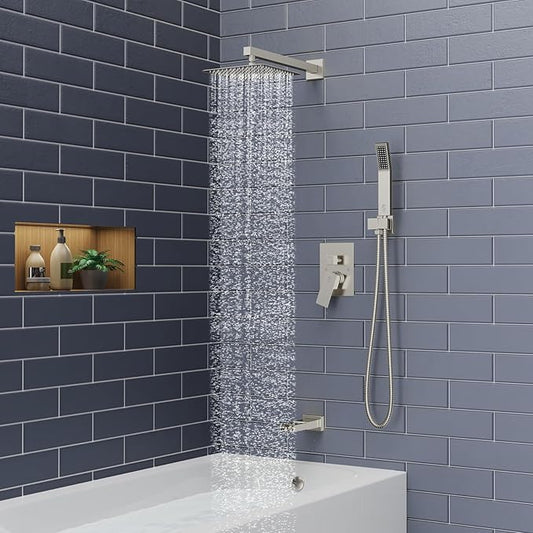 SR SUN RISE 8 Inches All Metal Square Shower System with Tub Spout, Tub Shower Faucet Set, High Pressure Rain Shower Head and Handheld Sprayer Shower Fixtues, Valve Included, Brushed Nickel