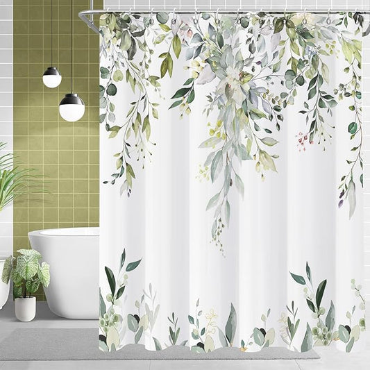 Sage Green Eucalyptus Extra Long Shower Curtain, Watercolor Leaves Plant Spring Floral Waterproof Fabric Machine Washable with Hooks for Bathroom Bathtub 72Wx84H