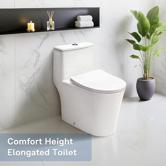 W2111D One-Piece Dual Flush Toilet, 0.8/1.28 GPF,Soft-Close UF Seat,V-Shape Elongated Bowl, 12-In Rough-In, White, WaterSense & EPA Certified, Tornado Flush