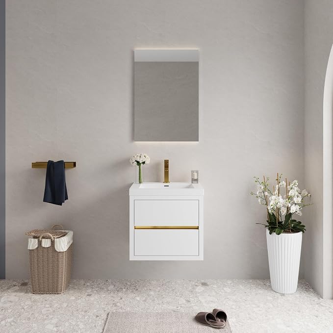 24" Floating Bathroom Vanity with Sink, Wall-Mounted Bathroom Storage Vanity Cabinet with Resin Top Basin and Soft Close Drawers, Fully Assembled, Glossy White