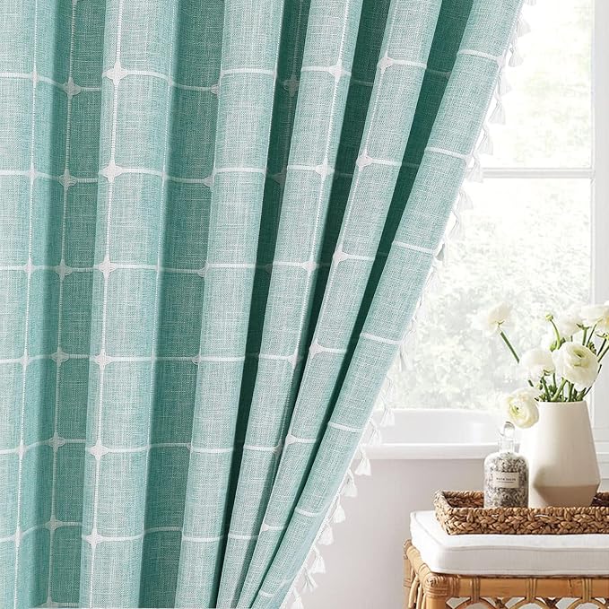 MitoVilla Teal Blue 72 x 78 Farmhouse Shower Curtain, Turquoise Boho 78 inch Long Polyester Linen Tassel Fabric Shower Curtain Set for Chic Cottagecore French Rustic Bathroom Decor