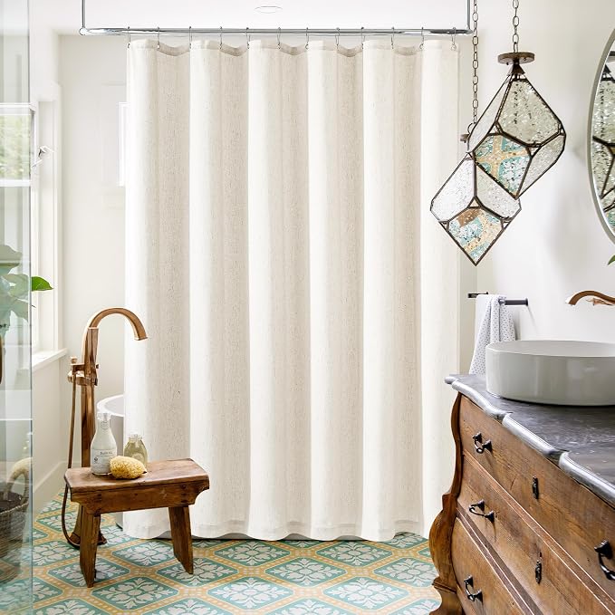 Cream Linen Shower Curtain for Bathroom Water Repellent 72x66 Inch | Neutral Ivory, Shower Curtain 66 Inches Long, Basement, Earth Tone, Boho Shabby Chic Country, Cloth Drapes, 72 x 66 Inches
