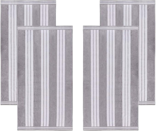 Superior Oversized Cotton Beach Towel Set of 4, Absorbent Towels for Bathroom, Beach, Pool, Swim, Adults, Kids, Vacation, Travel, Bath, Quick Dry Basics, Trip Essentials, Striped Decor, Light Grey