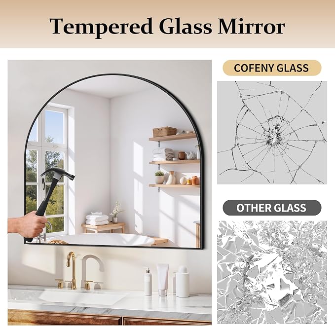 COFENY Arched Mirror, 42’’x42’’ Black Arch Mirror for Bathroom, Large Arched Bathroom Mirror with Frame, Modern Wall Mounted Mirror for Over Sink Mantle Bedroom Vanity Living Room Entryway