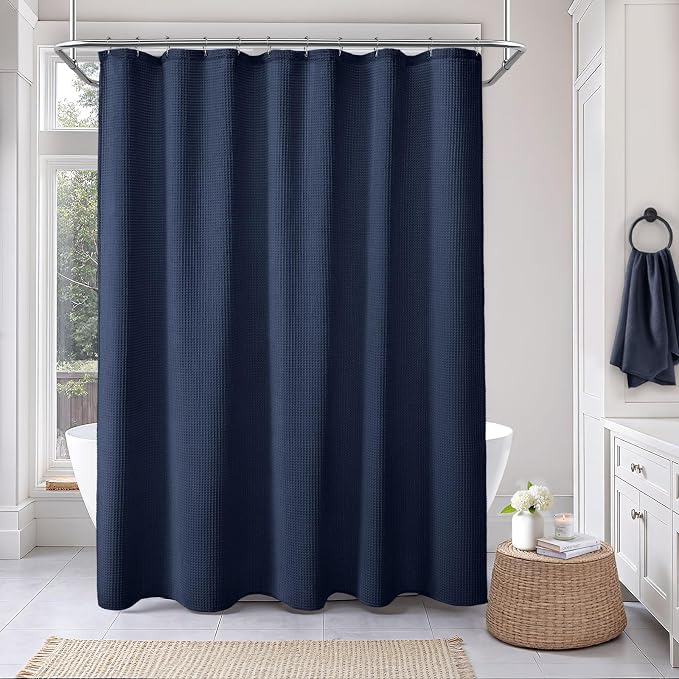 Long Waffle Shower Curtain Heavyweight Cotton Fabric Navy Blue 72Wx78L | Soft Cotton Cloth,3D Square Truely Waffle,Washable, Hotel Luxury Spa, Shower Curtains for Narrow Bathroom 12 Plastic Hooks