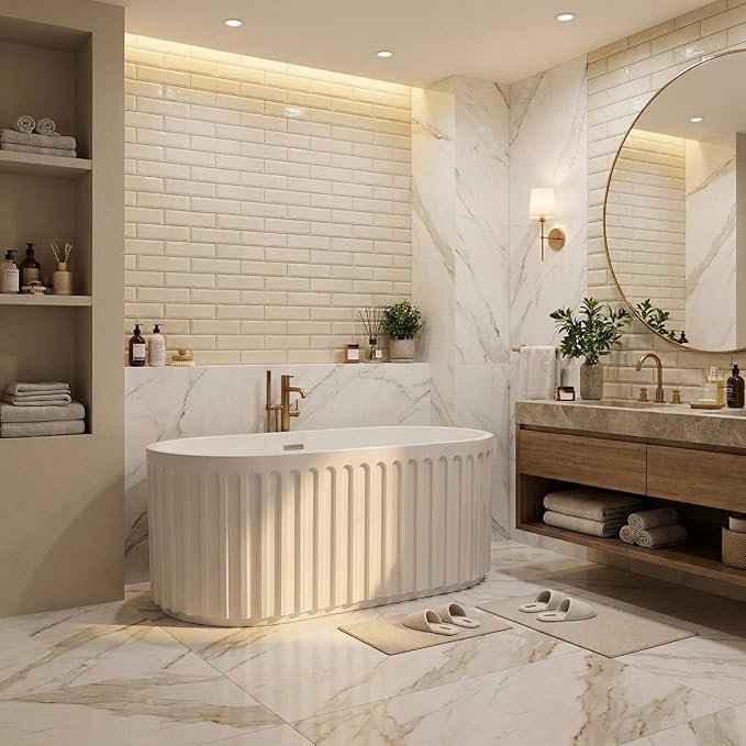59" Freestanding Bathtub, Acrylic Soaking Tub with V Shape Pleated Design, Chrome Drain & Classic Slotted Overflow, CUPC Certified, Gloss White for Modern Bathroom