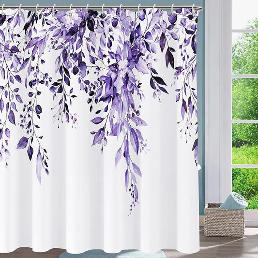 Shower Curtain,Purple Eucalyptus Shower Curtains for Bathroom,Watercolor Leaves Bathroom Curtains Washable Waterproof Leaf Shower Curtain Sets Botanical Shower Curtain Plants 72x72 with Hooks