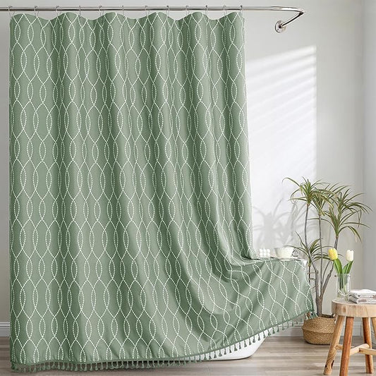 OVZME Sage Green Shower Curtain for Bathroom, Puff Printed Textured Shower Curtain with Tassels, Rustic Geometry Heavy Duty Vintage Country Bathroom Curtain, Water Resistant Fabric, 72Wx72L Inches