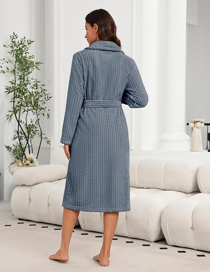 Ekouaer Women's Robe Long Plush Soft Bathrobe Cozy Warm Robes Shawl Collar Sleepwear with Pockets