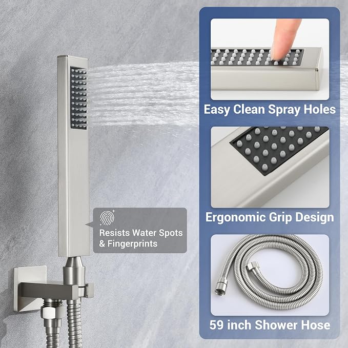 Thermostatic Dual Shower Head System, Brushed Nickel Shower Faucet | 12 Inch Ceiling Rainfall Shower, 6 Inch Wall Mount Head, High Pressure Handheld Sprayer, Push Button Valve
