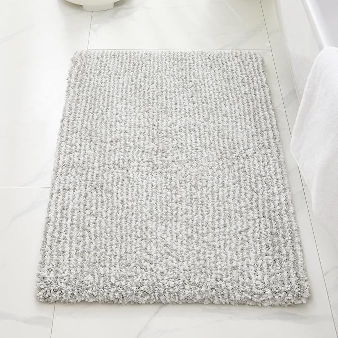 ILANGO Grey and White Bathroom Rugs 24" × 17" Small Non Slip & Super Absorbent Extra Thick Soft, Washable Bath Mat for Floor, Microfiber Plush Shaggy Bath Rug with Rubber for Bathtub Shower Room Sink
