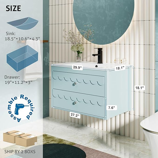 eclife 30" Floating Bathroom Vanity with Sink Combo, Modern Painted Wall-Mounted Vanities Storage Cabinet with Scalloped Decor, Undermount Basin, Faucet, Drain, Blue