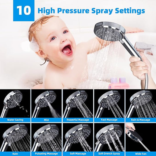 Hibbent 10" Dual Filtered Shower Head Combo, 10-spray Handheld, Chrome | All Metal High Pressure Rainfall Shower Head Combo with Filter, 16" Extension Arm, 3-way Diverter, 71" Hose & Shower Holder