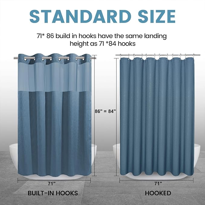 EUTXL Heavyweight No Hook Shower Curtain with Liner, Moonlight Blue,71x86 | Snap in Liner, 256GSM Thick Waffle Fabric, Hotel Luxury Spa, Corner Magnets, Quick Dry, Waterproof & Washable, Extra Long