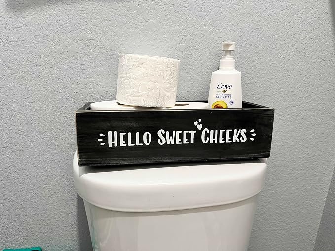 Admired By Nature Hello Sweet Cheeks Solid Wood Toilet Paper Holder, Farmhouse Décor, Toilet Paper Storage, Bathroom Accessories, Bathroom Décor, for Home Décor Bathroom Organizer (Black)