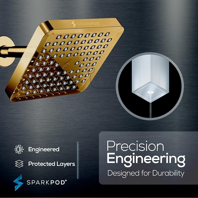 SparkPod Rain Shower Head, 6 Inch Square, Egyptian Gold Finish | High Pressure Shower Heads, 90 Nozzles, Adjustable Showerhead, No Tools Needed, Universal Connection