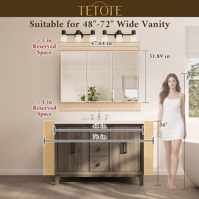48 x 32 Medicine Cabinet with Tempered Beveled Mirror White Medicine Cabinet with Mirror Aluminum Cabinet DTC Hinges, Stepless Adjustable Shelves, Recessed/Surface-Mounted