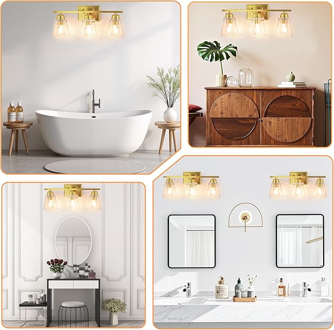 hykolity 3-Light Vanity Light Fixture, 5-Piece All-in-One Bathroom Set with Towel Bar, Ring, Robe Hook & Toilet Paper Holder for Bathroom Mirror Lighting, Gold Wall Light with Glass Shade