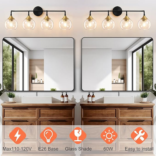 Bathroom Vanity Light with Clear Glass Shade, E26 Base, 31 Inch Vanity Lighting Fixtures Over Mirror, Vanity Lights for Bathroom (Exclude E26 Bulb) - Black and Gold, 4-Lights