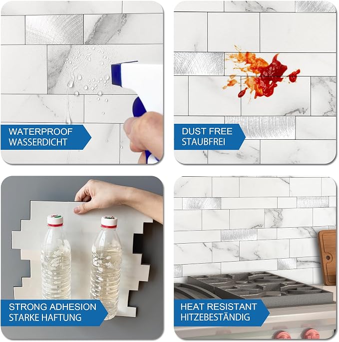 Stone Peel Stick Backsplash Tiles Kitchen Wall White Silver 10pcs
