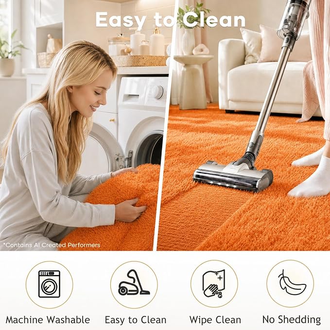 Ophanie Orange Rugs for Living Room Bedroom, 5x8 Fluffy Fuzzy Furry Carpet, Plush Soft Shaggy Bedside Indoor Floor Area Rug for Kids Nursery Home Decor with Over 999 pcs Non-Slip Backing Pattern