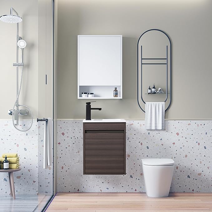 16" Bathroom Vanity Sink Combo for Small Space, Wall Mounted Bathroom Cabinet Set with White Resin Basin Sink Top Black Faucet Pop Up Drain Dark Walnut