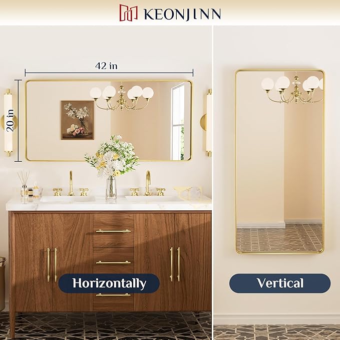 Keonjinn 48 x 30 Inch Brushed Gold Bathroom Vanity Mirror, Aluminum Frame | HD Tempered Glass, Brass Bathroom Mirrors for over Sink, Anti-Rust Aluminum Frame, Rounded Rectangle, French Cleat Mount