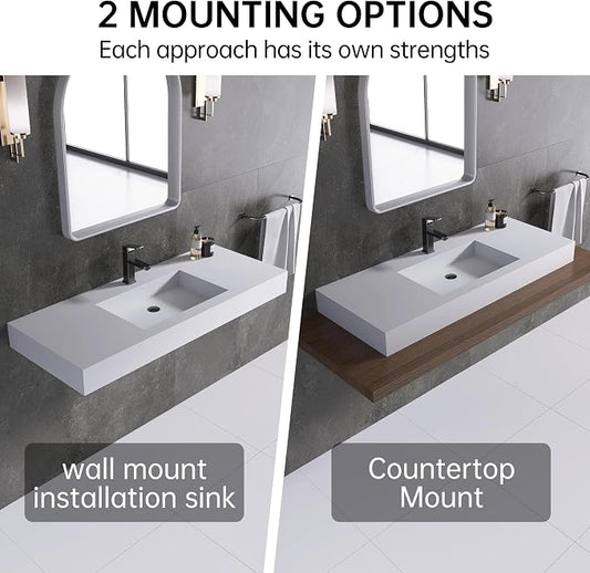 47" Wall Mount Sink, Artificial Stone Bathroom Sink, Single Hole | Matte Bathroom Vanity Vessel Sinks Rectanglee Indoor Modern Floating or Countertop Freestanding Wall Hang Sink Bowl