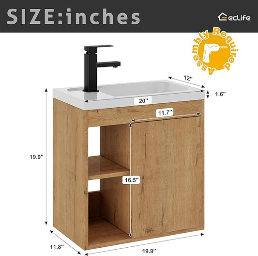 eclife 20" Floating Bathroom Vanity Sink Combo for Small Space, Wall-Mounted Guest Toilet Wash Basin Cabinet with Opening Shelf, Soft Closing Door, Natrual Veneered