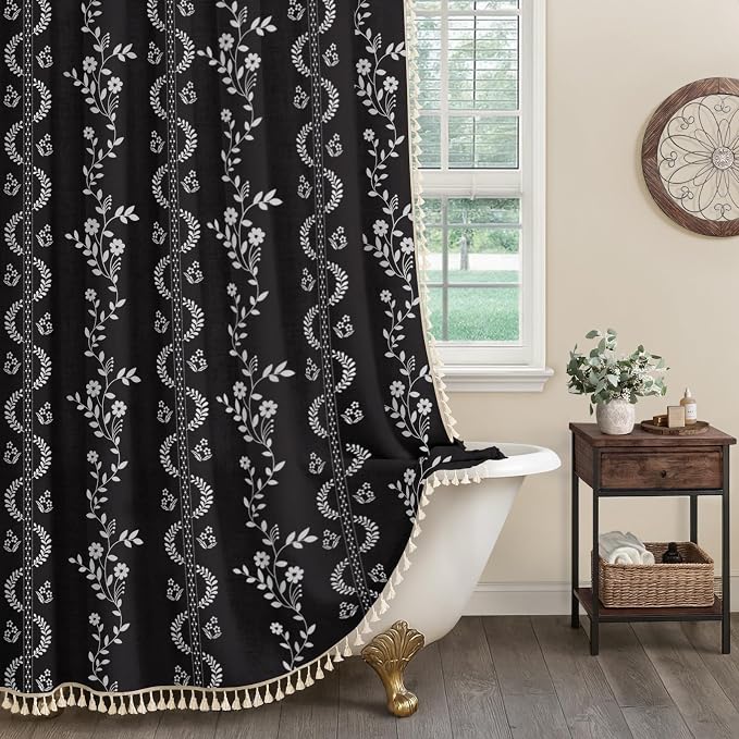 Boho Black Vintage Shower Curtain with Tassels 72 x 72 Inch | Bohemian Floral Linen Fabric Pattern Curtain Curtain For Bathroom