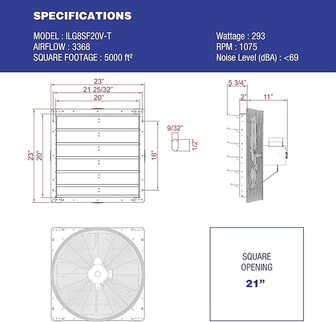 iLiving ILG8SF20V-T 20 inch Shutter Exhaust Attic Garage Grow, Ventilation Fan with 3 Speed Thermostat 6 Foot Long 3 Plugs Cord, 20" - Variable, 3368 CFM, 5000 SQF Coverage Area, Silver
