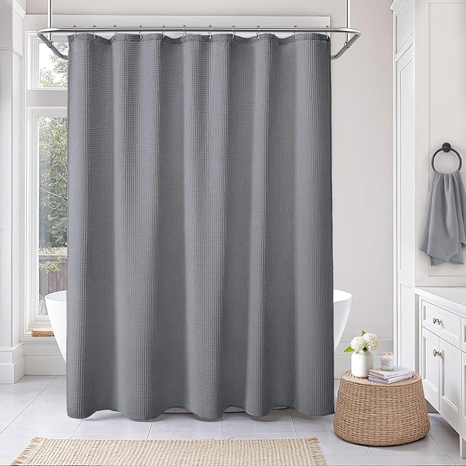 Extra Long Waffle Shower Curtain - Grey Cotton Texture Fabric Heavyweight Shower Curtains for Bathroom,72Wx84L
