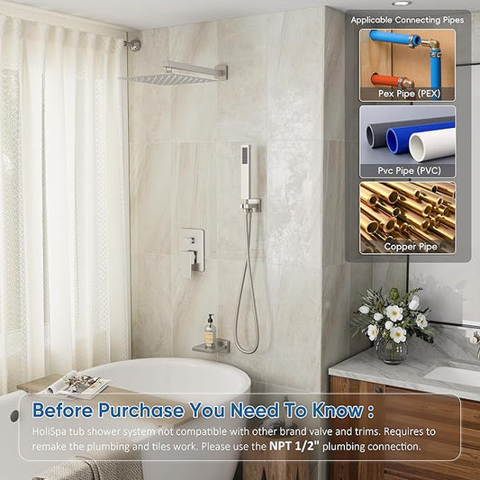 Tub Shower System with 10" Rain Head, Handheld & Valve Kit | All-Metal Tub Shower Faucet Set, Wall Mounted Rain Showerhead, Handheld Spray, Includes Valve and Trim Kit, Brushed Nickel