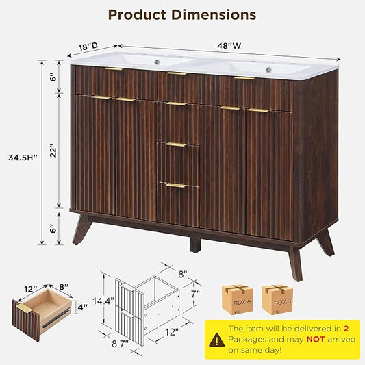T4TREAM 48" Fluted Bathroom Vanity with Resin Sink Combo,Freestanding Modern Bathroom Storage Vanity Cabinet with Soft Closing Doors & 2 Drawers,Wood Grain Texture,Metal Handle,Dark Walnut